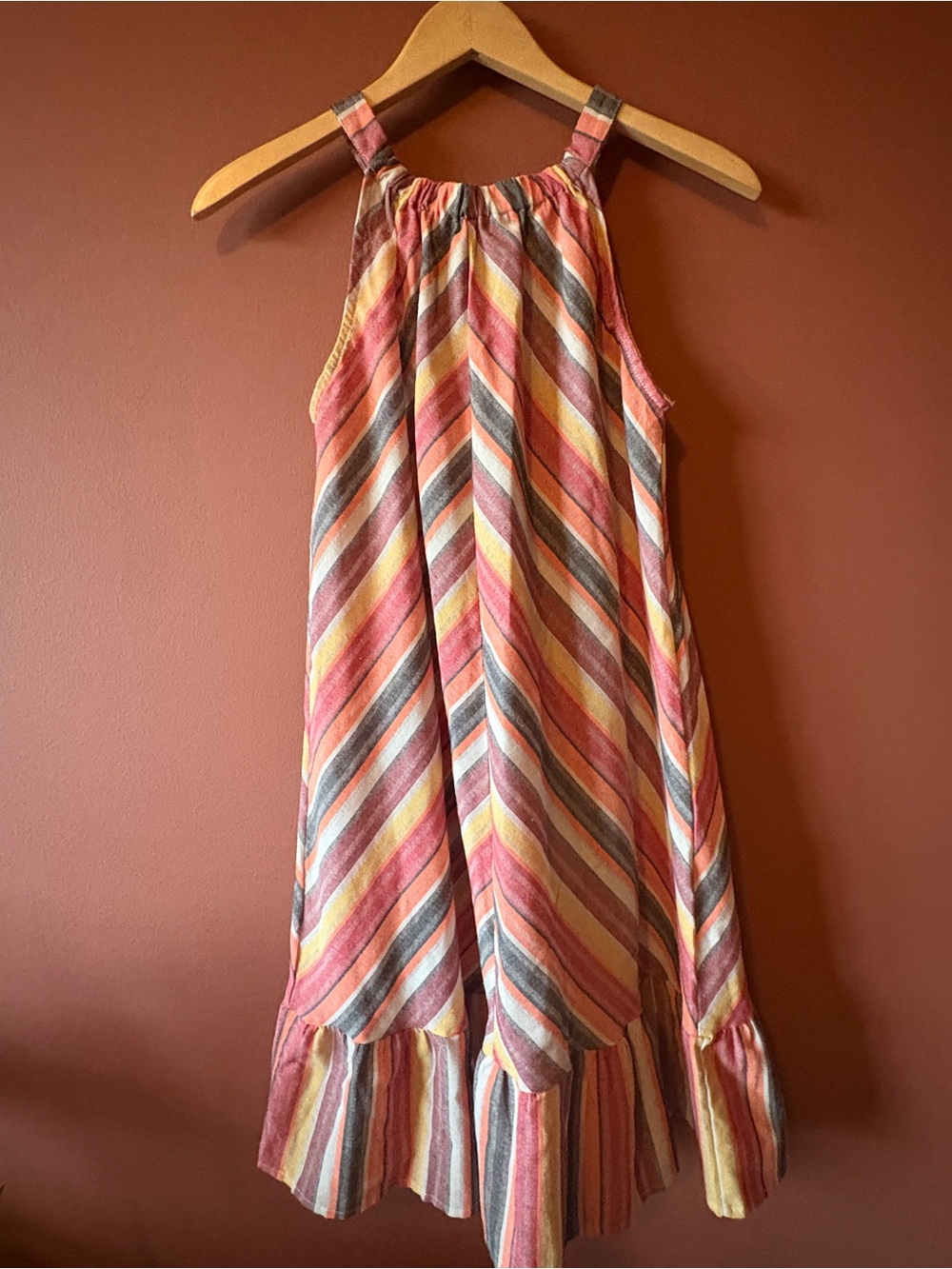 Striped Halter Sundress in Coral, Yellow & Gray